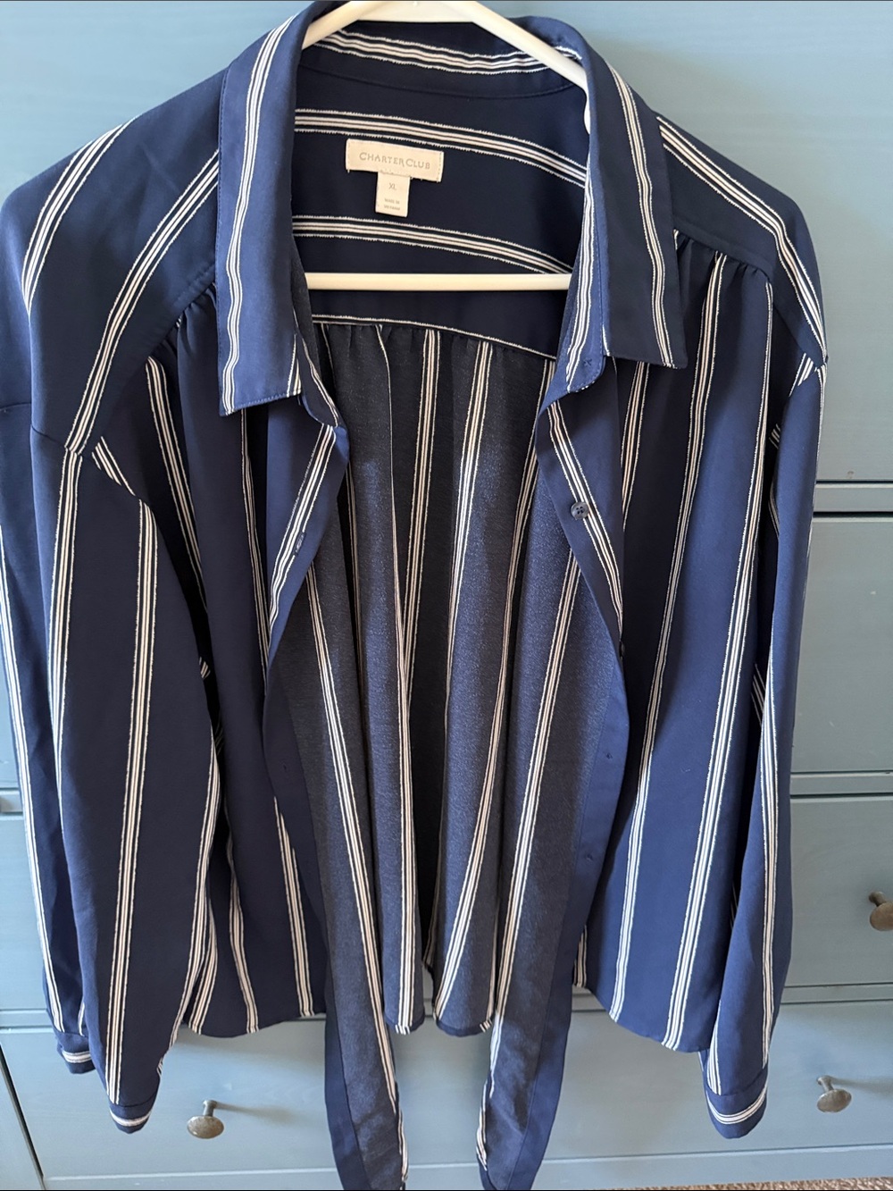 Charter Club Navy and White Vertical-Stripe Button-Front Shirt
